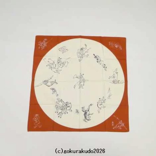 鳥獣人物戯画風呂敷〔68×68cm〕相撲 丸窓 アカ 綿100％（日本製）画像