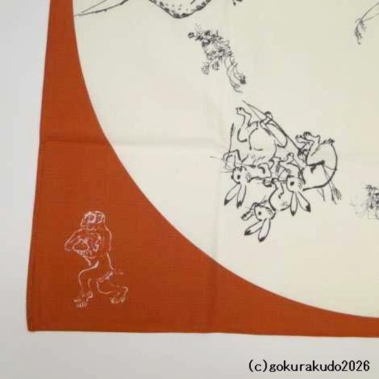 鳥獣人物戯画風呂敷〔68×68cm〕相撲 丸窓 アカ 綿100％（日本製）画像