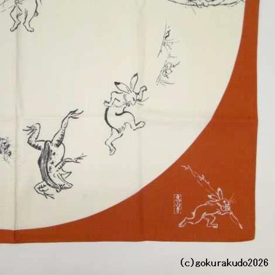 鳥獣人物戯画風呂敷〔68×68cm〕相撲 丸窓 アカ 綿100％（日本製）画像