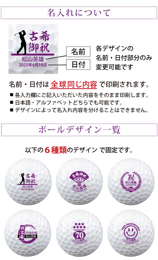 最短即日出荷！名入れゴルフボール 古希デザイン 6球セット(ダンロップ) 化粧箱入り ギフトラッピング無料画像