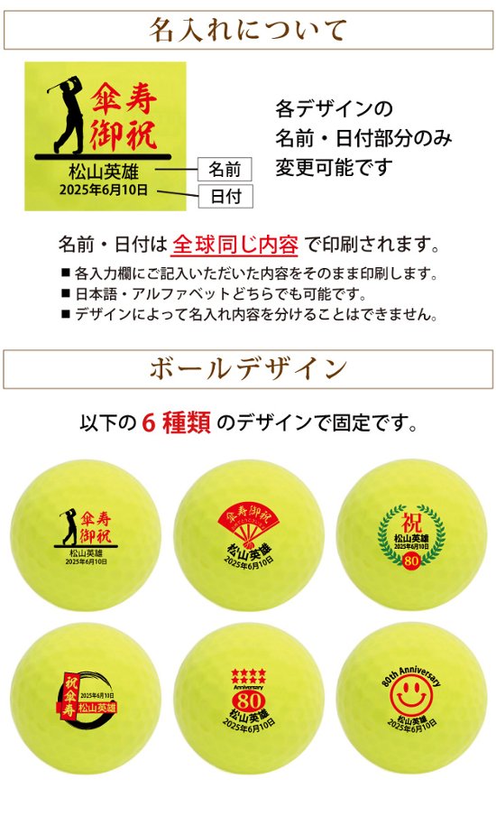 最短即日出荷！ 名入れゴルフボール 傘寿(80歳)デザイン ６球セット(SRIXON X3)化粧箱入り ギフトラッピング無料画像