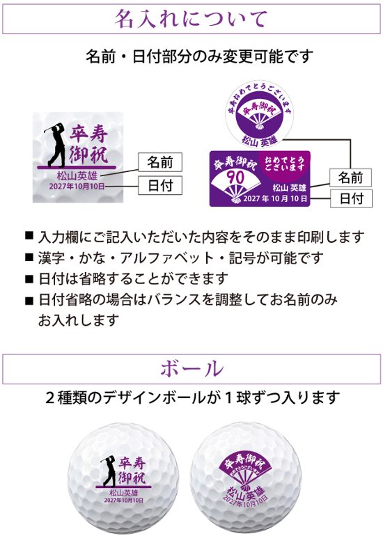 最短即日出荷！ 名入れゴルフボール 卒寿(90歳)デザイン 2球＋マーカーセット 黄色ボール(メーカーお任せ公認球)化粧箱入り ギフトラッピング無料画像