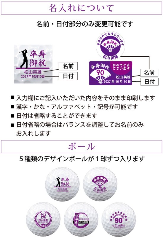 最短即日出荷！ 名入れゴルフボール 卒寿(90歳)デザイン 5球＋マーカーセット 白ボール(メーカーお任せ公認球)化粧箱入り ギフトラッピング無料画像