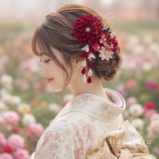 つまみ細工髪飾り ダリア ぼたん（赤紫） 生成 和柄｜成人式 卒業式 結婚式 和装画像