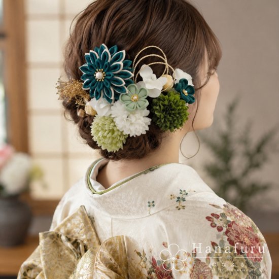 つまみ細工髪飾り 華ダリア もえぎ（青緑）｜成人式 卒業式 結婚式 和装画像