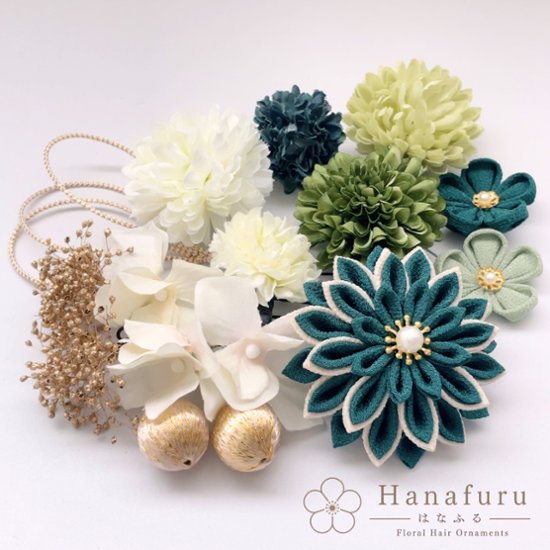 つまみ細工髪飾り 華ダリア もえぎ（青緑）｜成人式 卒業式 結婚式 和装画像