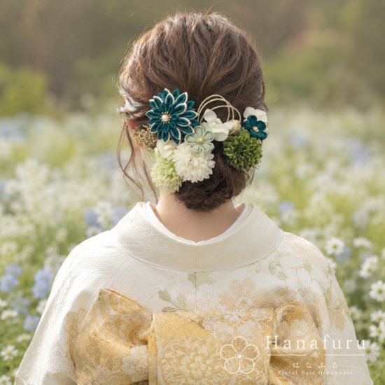 つまみ細工髪飾り 華ダリア もえぎ（青緑）｜成人式 卒業式 結婚式 和装画像
