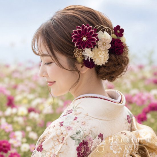 つまみ細工髪飾り 華ダリア ぼたん（赤紫）｜成人式 卒業式 結婚式 和装画像