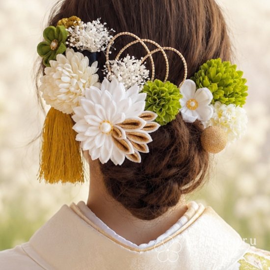つまみ細工髪飾り 華ダリア 緑 白 ゴールド｜成人式 卒業式 結婚式 和装画像