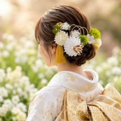 つまみ細工髪飾り 華ダリア 緑 白 ゴールド｜成人式 卒業式 結婚式 和装画像