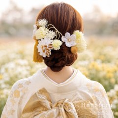 つまみ細工髪飾り 華ダリア  白 ゴールド｜成人式 卒業式 結婚式 和装画像