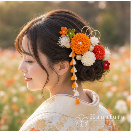 つまみ細工髪飾り ダリア 山吹色  15点セット｜成人式 卒業式 結婚式 和装画像