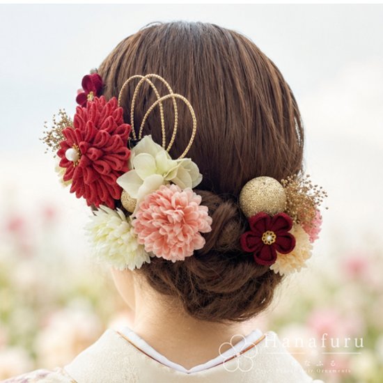 つまみ細工髪飾り ダリア 銀紅色  15点セット｜成人式 卒業式 結婚式 和装画像