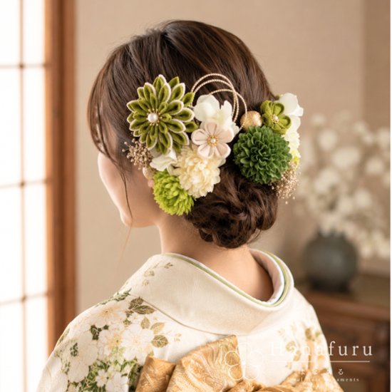 つまみ細工髪飾り 華ダリア うぐいす×緑×ゴールド 16点セット｜成人式 卒業式 結婚式 和装画像