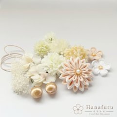 つまみ細工髪飾り 華ダリア 生成×白×ゴールド 16点セット｜成人式 卒業式 結婚式 和装画像