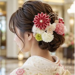 つまみ細工髪飾り 華ダリア 紅（くすみピンク）×生成×ゴールド 16点セット｜成人式 卒業式 結婚式 和装画像
