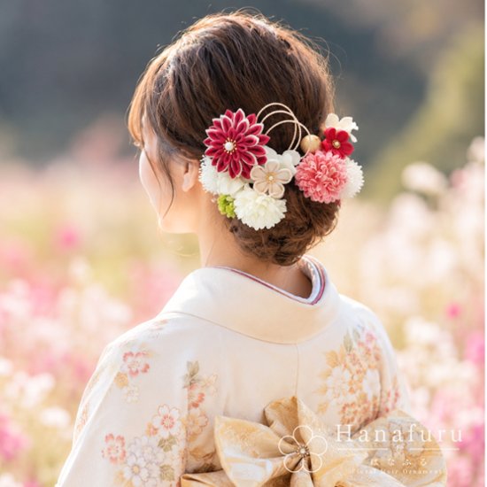 つまみ細工髪飾り 華ダリア 紅（くすみピンク）×生成×ゴールド 16点セット｜成人式 卒業式 結婚式 和装画像