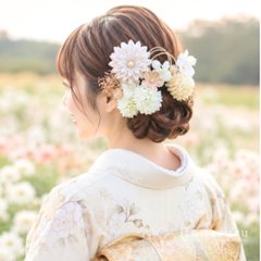 つまみ細工髪飾り 華ダリア 白×生成×ゴールド 16点セット｜成人式 卒業式 結婚式 和装画像