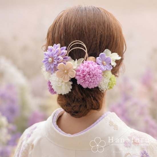 つまみ細工髪飾り 華ダリア ふじ色（薄紫色）×生成×ゴールド 16点セット｜成人式 卒業式 結婚式 和装画像