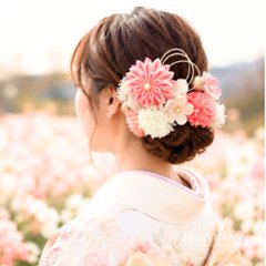 つまみ細工髪飾り 華ダリア さんご（サーモンピンク）×生成×ゴールド 16点セット｜成人式 卒業式 結婚式 和装画像