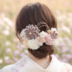 つまみ細工髪飾り 華ダリア　ちゃねず色（薄茶色）×生成×ゴールド 16点セット｜成人式 卒業式 結婚式 和装画像