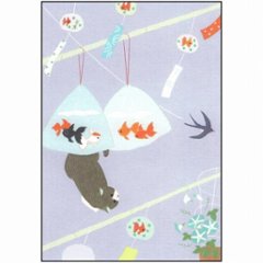 ひらいみも ポストカード（ネコと金魚：風鈴）の画像