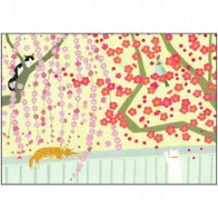 ひらいみも ポストカード（早春 梅便り：3匹の猫と鳥）の画像