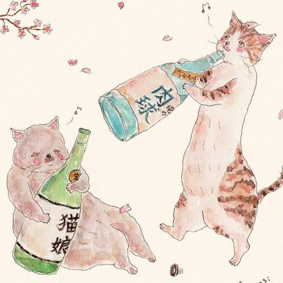 トコロコムギ ポストカード（桜の下でほろよいにゃんこ）画像