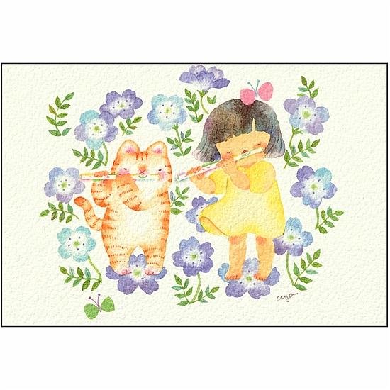 こばやしあや ポストカード（フルート・ネモフィラとねこちゃん）画像