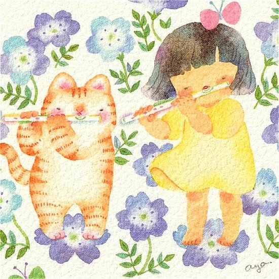 こばやしあや ポストカード（フルート・ネモフィラとねこちゃん）画像