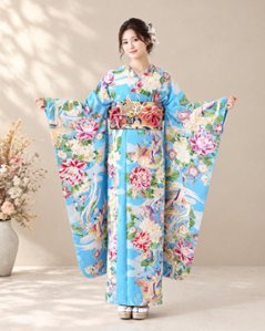小紋振袖＋帯＋帯締めの３点セット（鳳凰菊-水色）の画像