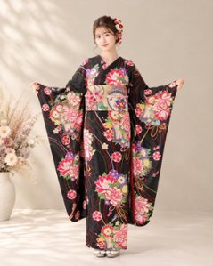 小紋振袖＋帯＋帯締めの３点セット（華御所車-黒）の画像