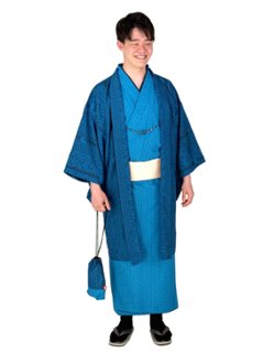 男性用アンサンブル　『藍』　着物、羽織、襦袢、帯、羽織紐、信玄袋の６点セット！の画像