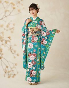 衿付き振袖＋帯＋帯締め＋簡単な半衿の4点セット［鞠（まり）ターコイズ］の画像