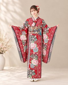 衿付き振袖＋帯＋帯締め＋簡単な半衿の4点セット［梅牡丹（うめぼたん）赤］の画像