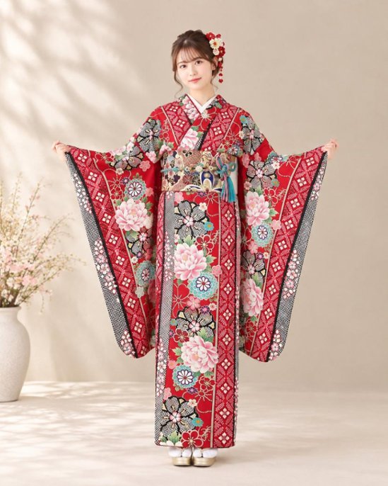 衿付き振袖＋帯＋帯締め＋簡単な半衿の4点セット［梅牡丹（うめぼたん）赤］画像