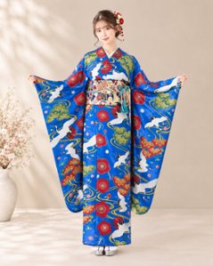 衿付き振袖＋帯＋帯締め＋簡単な半衿の4点セット［鶴（つる）青］の画像