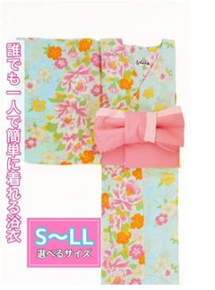 帯が選べる! (衿なし) 浴衣〈ぼたん/薄水色〉　※浴衣単品 ¥6,600の画像