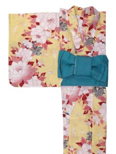 帯が選べる! (衿あり) 浴衣〈華牡丹/黄〉　※浴衣単品 ¥13,200の画像