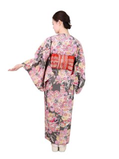 衿なし着物(リボン帯付き) [百花繚乱 グレー] ※着物単品 ¥19,800画像