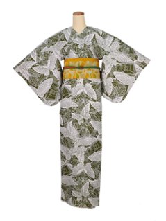 衿なし着物(リボン帯付き) [蝶 カーキ] ※着物単品 ¥21,450の画像