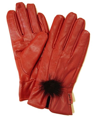 本ラム革手袋（ポンポンファー） レッド Fの画像