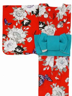 帯が選べる! (衿なし) 浴衣〈華蝶/赤〉　※浴衣単品 ¥13,200の画像