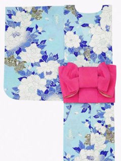 帯が選べる! (衿なし) 浴衣〈華牡丹/水色〉　※浴衣単品 ¥13,200の画像