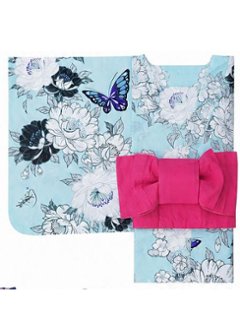 帯が選べる! (衿なし) 浴衣〈華蝶/水色〉　※浴衣単品 ¥13,200の画像