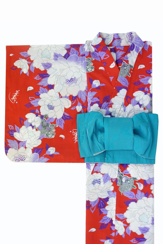 帯が選べる! (衿あり) 浴衣〈華牡丹/赤〉　※浴衣単品 ¥13,200画像