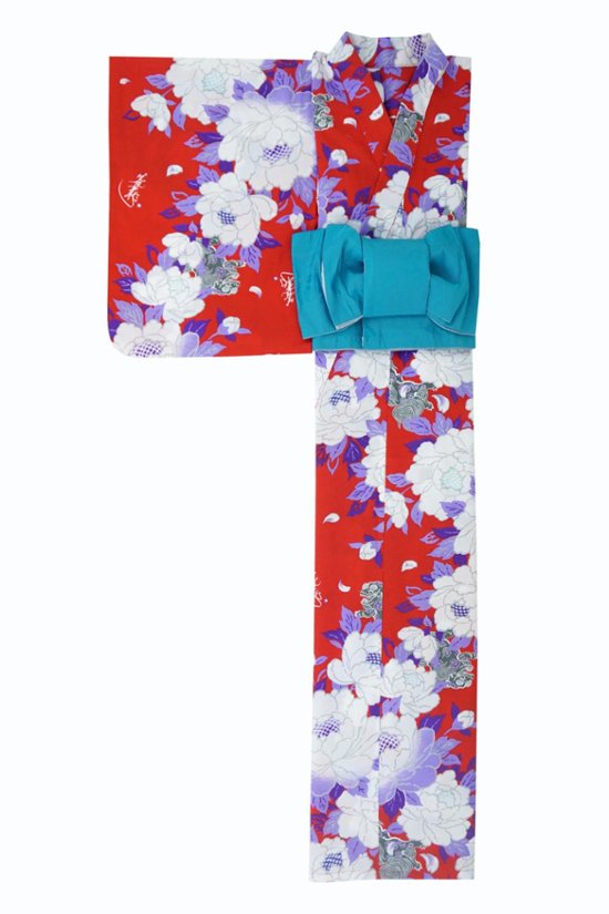 帯が選べる! (衿あり) 浴衣〈華牡丹/赤〉　※浴衣単品 ¥13,200画像