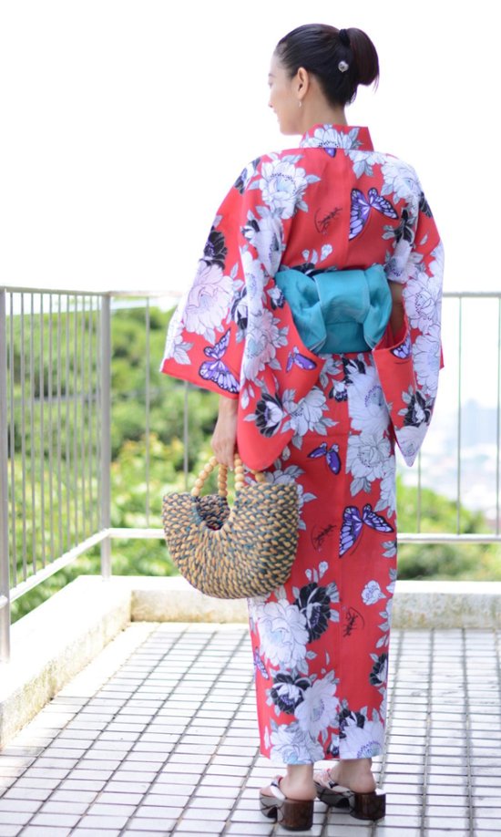 帯が選べる! (衿あり) 浴衣〈華蝶/赤〉　※浴衣単品 ¥13,200画像