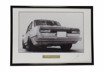 ハコスカ ４ドア GT-R 前期 リア　【鉛筆画】イラスト A4サイズ 額入りの画像