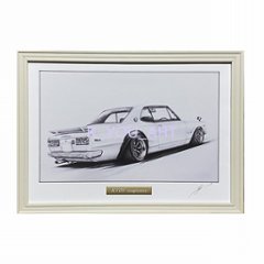 ハコスカ 2ドア GT-R リアサイド 【鉛筆画】 A4サイズ 額付き画像